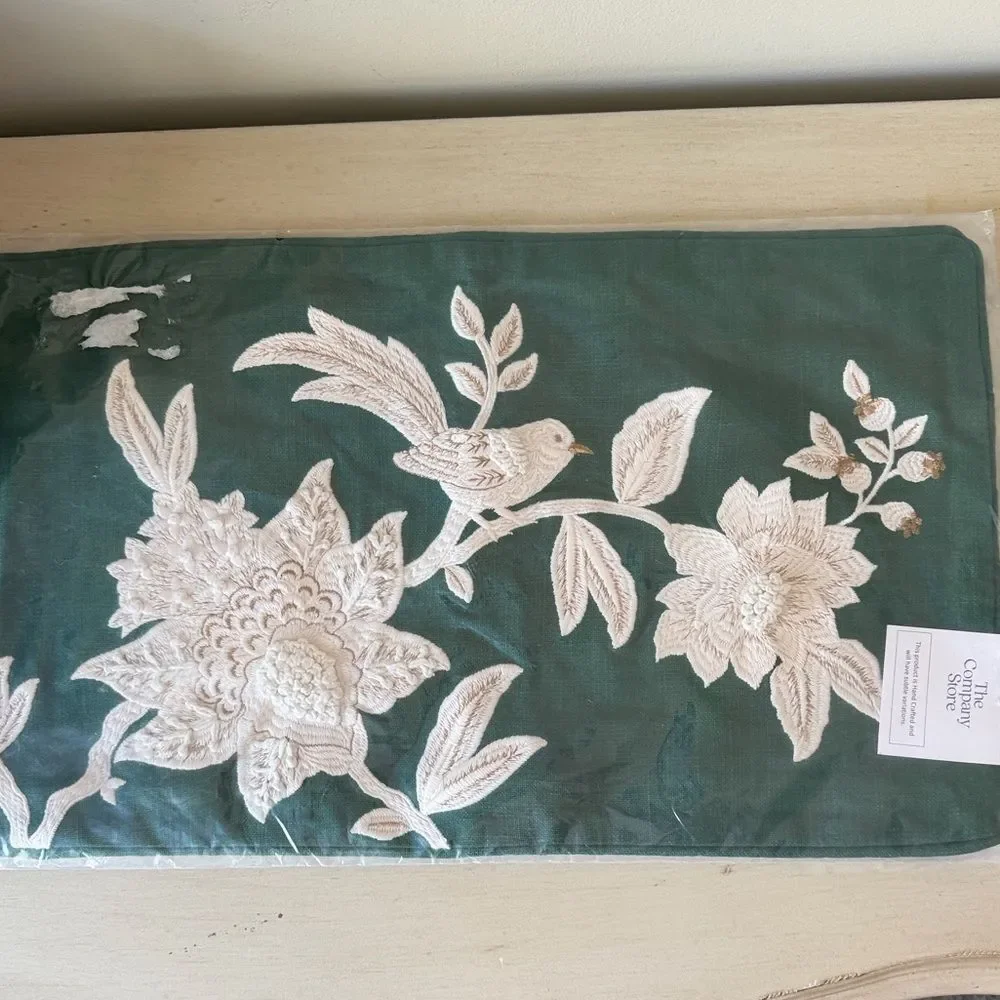 Company Store Legends Luxury Embroidered Holiday Bird Green Lumbar Pillow 12x21